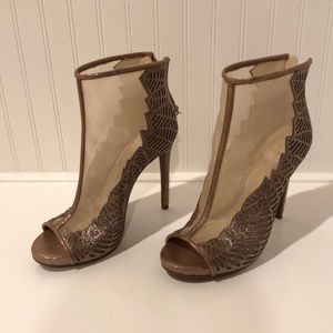 Jessica Simpson, gold accent. Open toe booties, high heel